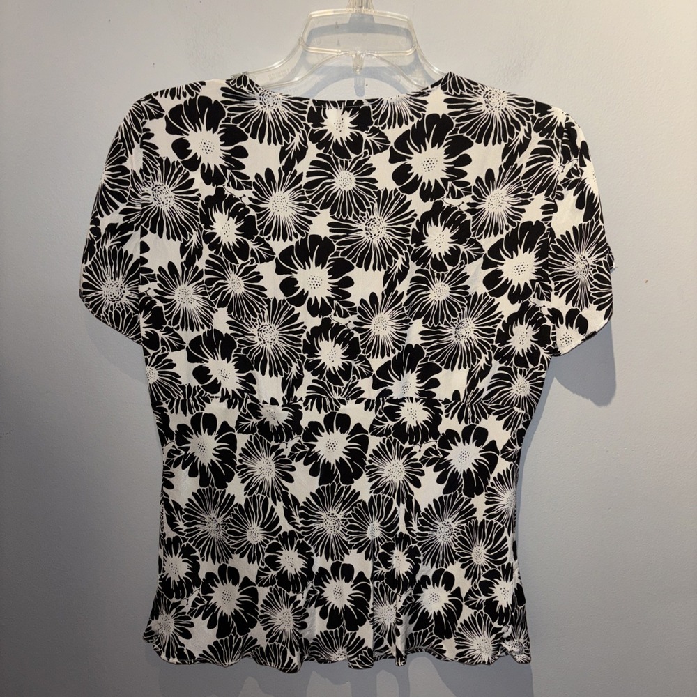 Allison Taylor‎ Black White Floral Babydoll Silk Blouse Women's Size L Career - Picture 2 of 6